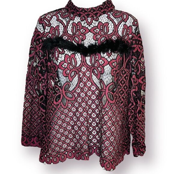 Dance & Marvel Lace Mockneck Open Back Feather Trim Blouse Maroon Black M - Picture 7 of 11